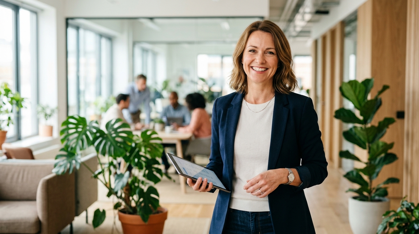 Zufriedene Managerin im Unternehmensumfeld.